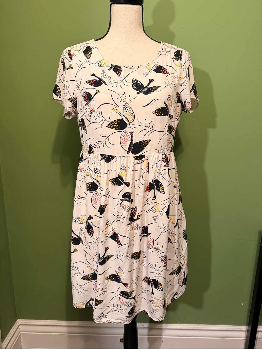 Old Navy Cream Short-Sleeve Mini Dress with Black & Yellow Bird Print